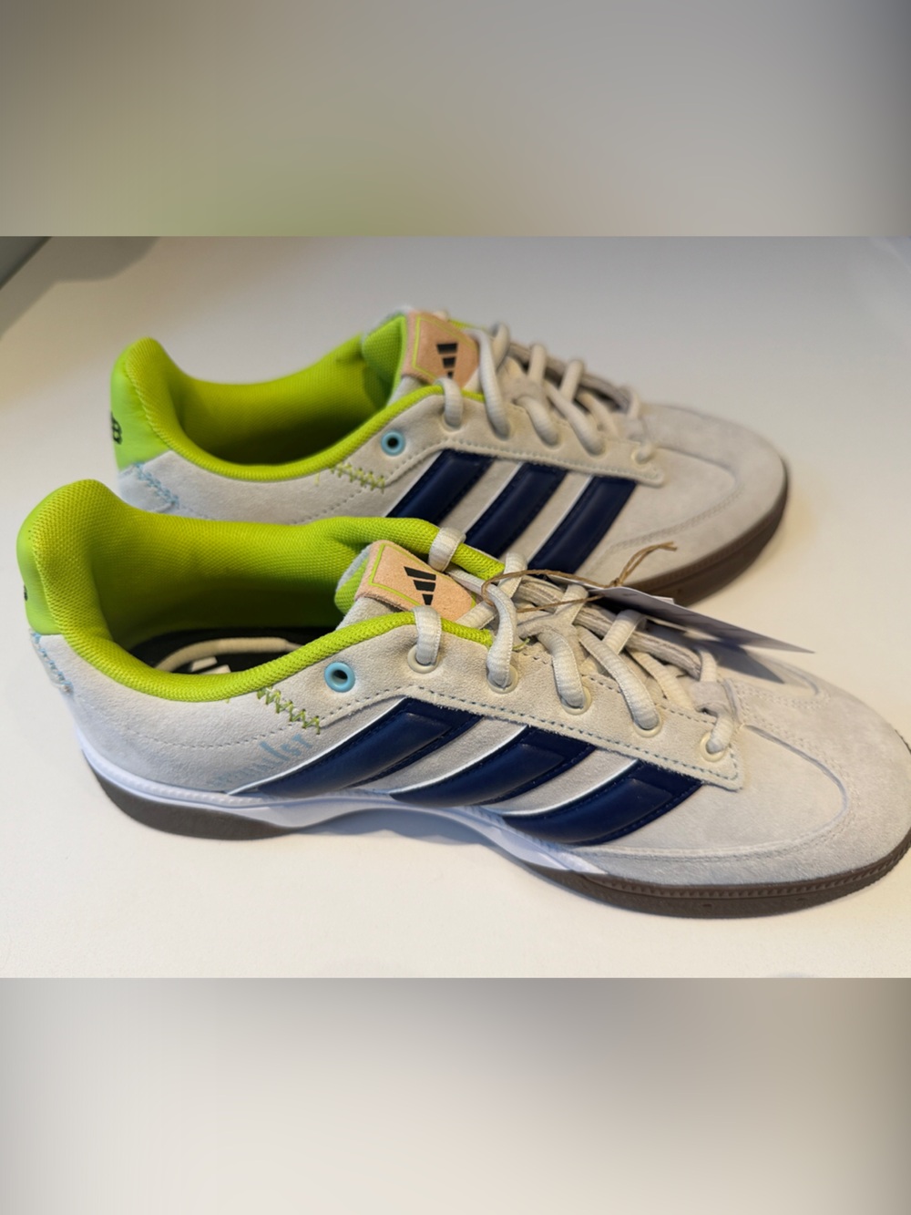 adidas Kids White Sneakers with Navy Stripes and Neon Green Lining
